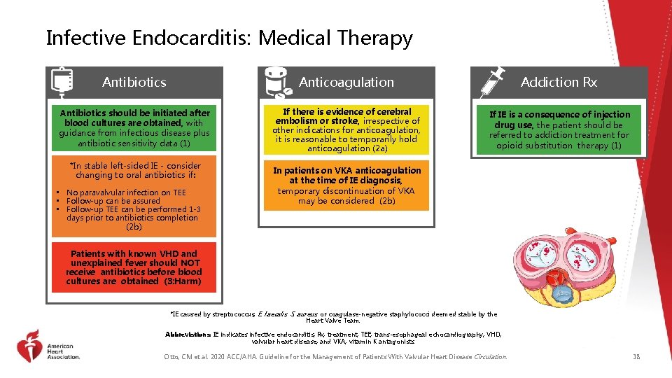Infective Endocarditis: Medical Therapy Antibiotics Anticoagulation Addiction Rx Antibiotics should be initiated after blood