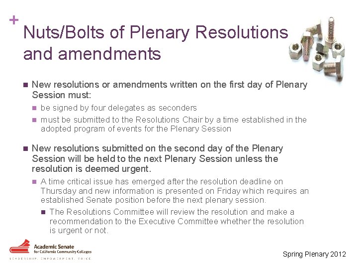 + Nuts/Bolts of Plenary Resolutions and amendments n New resolutions or amendments written on