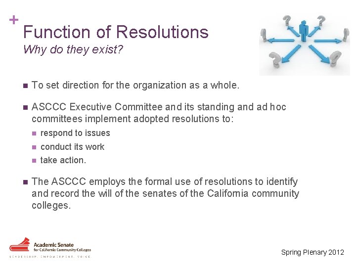 + Function of Resolutions Why do they exist? n To set direction for the