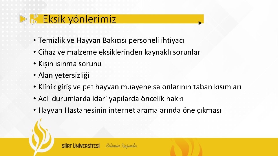 Eksik yönlerimiz • Temizlik ve Hayvan Bakıcısı personeli ihtiyacı • Cihaz ve malzeme eksiklerinden