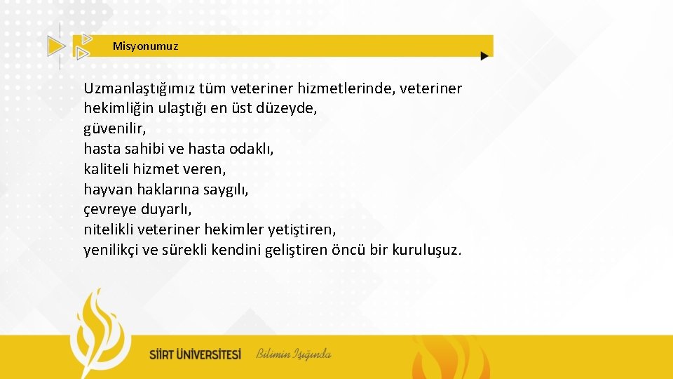 Misyonumuz Uzmanlaştığımız tüm veteriner hizmetlerinde, veteriner hekimliğin ulaştığı en üst düzeyde, güvenilir, hasta sahibi