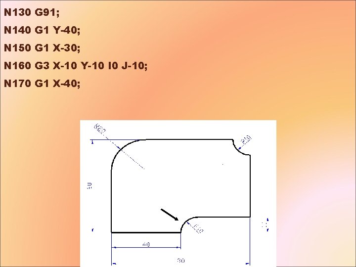 N 130 G 91; N 140 G 1 Y-40; N 150 G 1 X-30;