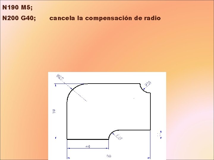 N 190 M 5; N 200 G 40; cancela la compensación de radio 