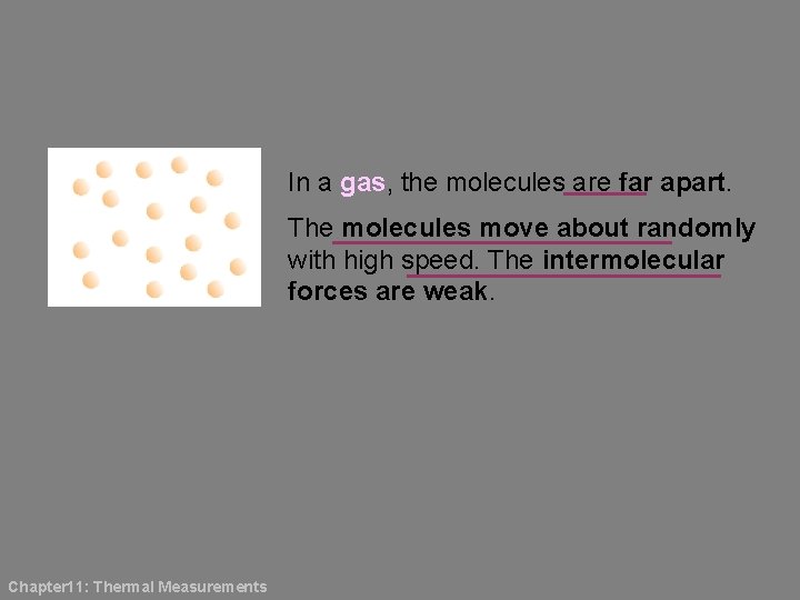 In a gas, the molecules are far apart. The molecules move about randomly with