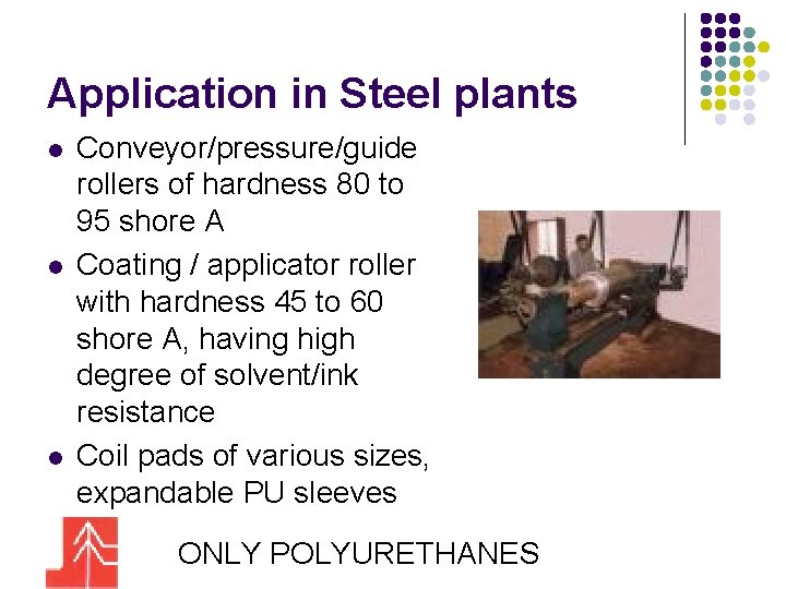Application in Steel plants l l l Conveyor/pressure/guide rollers of hardness 80 to 95