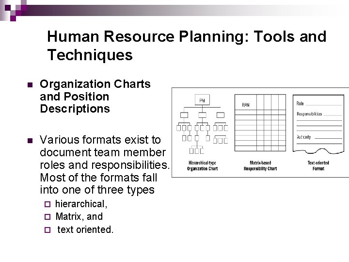 Human Resource Planning: Tools and Techniques n Organization Charts and Position Descriptions n Various
