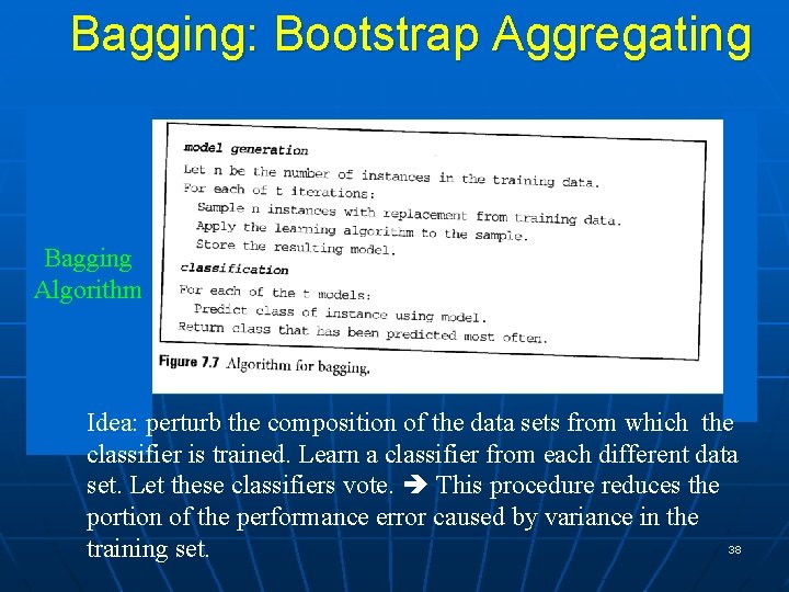Bagging: Bootstrap Aggregating Bagging Algorithm Idea: perturb the composition of the data sets from