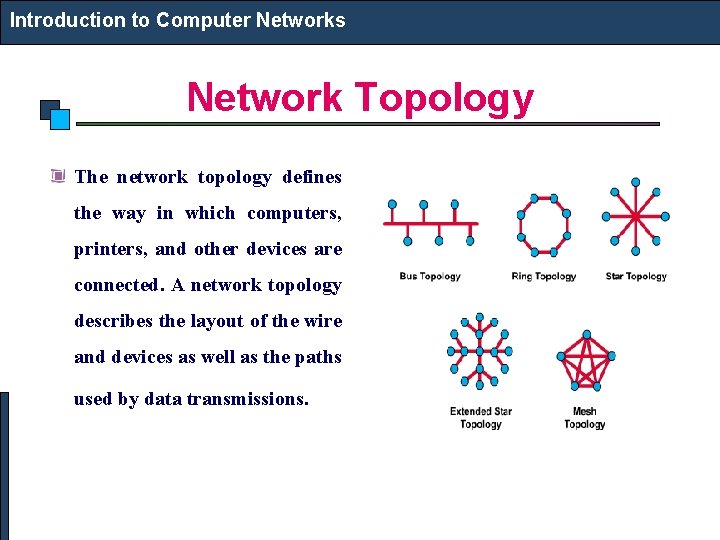 Introduction to Computer Networks Network Topology The network topology defines the way in which