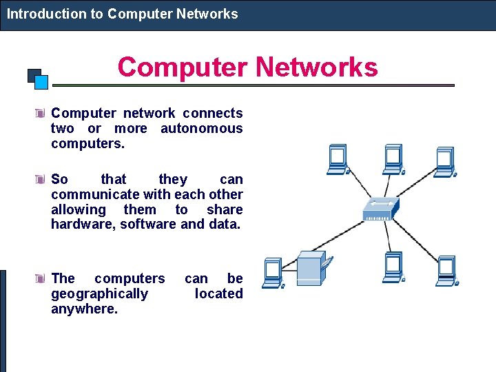 Introduction to Computer Networks Computer network connects two or more autonomous computers. So that