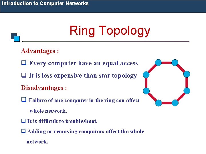 Introduction to Computer Networks Ring Topology Advantages : q Every computer have an equal