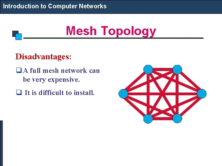 Introduction to Computer Networks Mesh Topology Disadvantages: q A full mesh network can be