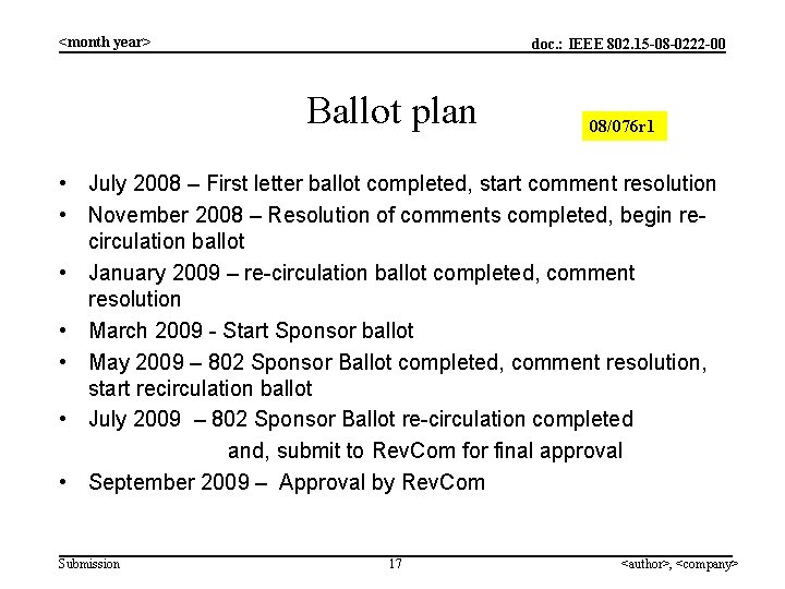 <month year> doc. : IEEE 802. 15 -08 -0222 -00 Ballot plan 08/076 r