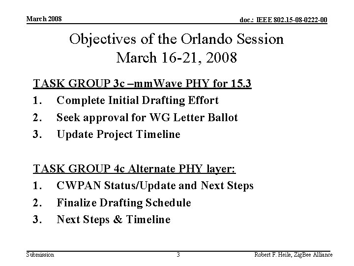 March 2008 doc. : IEEE 802. 15 -08 -0222 -00 Objectives of the Orlando