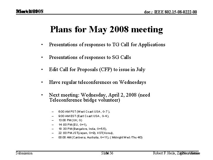 March 2008 doc. : IEEE 802. 15 -08 -0222 -00 Plans for May 2008