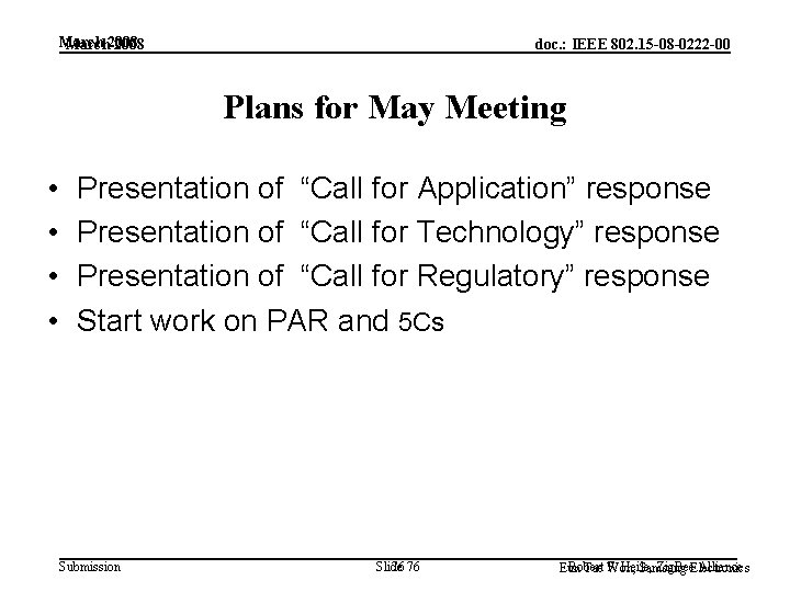 March 2008 doc. : IEEE 802. 15 -08 -0222 -00 Plans for May Meeting