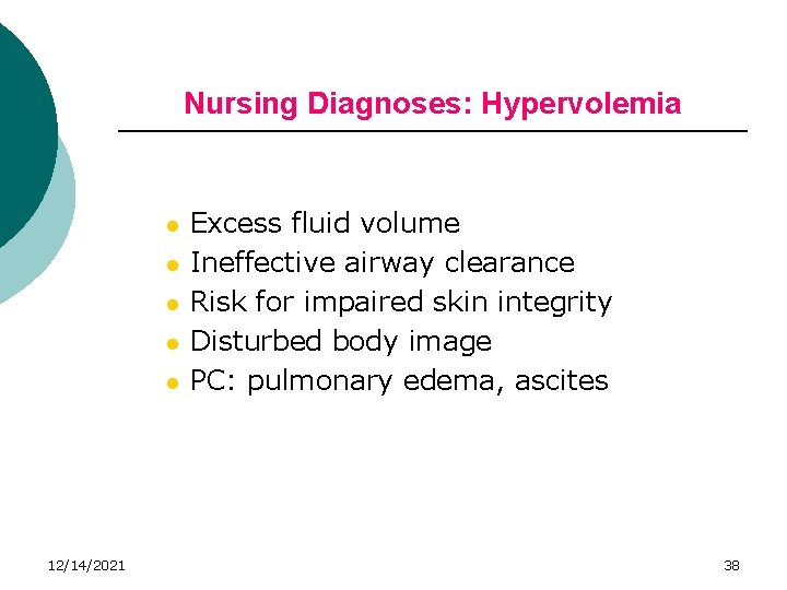 Nursing Diagnoses: Hypervolemia l l l 12/14/2021 Excess fluid volume Ineffective airway clearance Risk