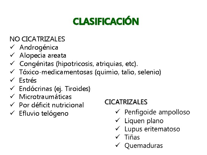 CLASIFICACIÓN NO CICATRIZALES ü Androgénica ü Alopecia areata ü Congénitas (hipotricosis, atriquias, etc). ü
