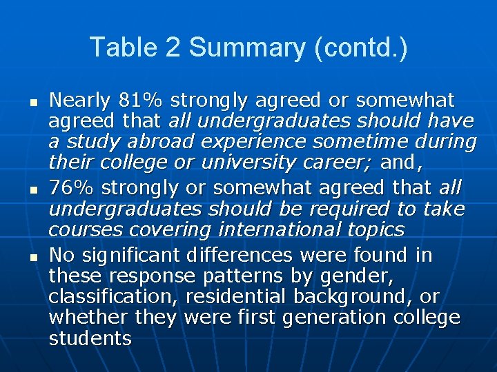 Table 2 Summary (contd. ) n n n Nearly 81% strongly agreed or somewhat