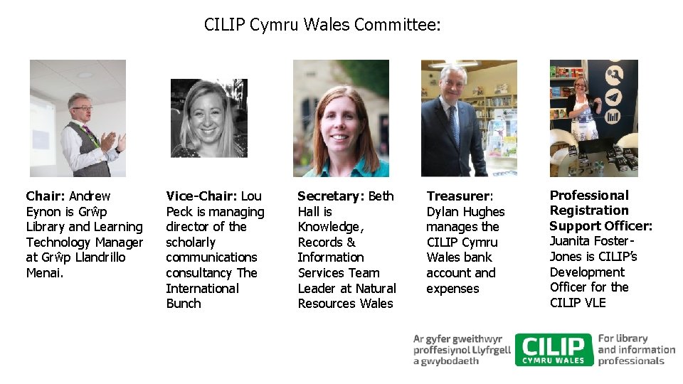 CILIP Cymru Wales Committee: Chair: Andrew Eynon is Grŵp Library and Learning Technology Manager