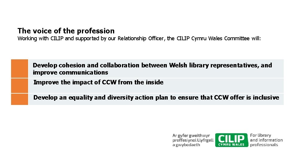 The voice of the profession Working with CILIP and supported by our Relationship Officer,