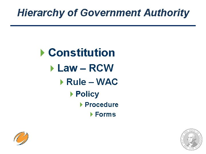 Hierarchy of Government Authority 4 Constitution 4 Law – RCW 4 Rule – WAC