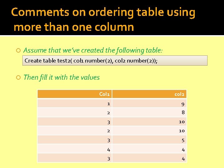 Comments on ordering table using more than one column Assume that we’ve created the