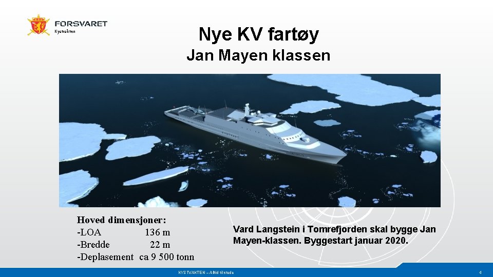 Nye KV fartøy Kystvakten Jan Mayen klassen Hoved dimensjoner: -LOA 136 m -Bredde 22