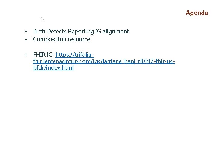 Agenda • • Birth Defects Reporting IG alignment Composition resource • FHIR IG: https: