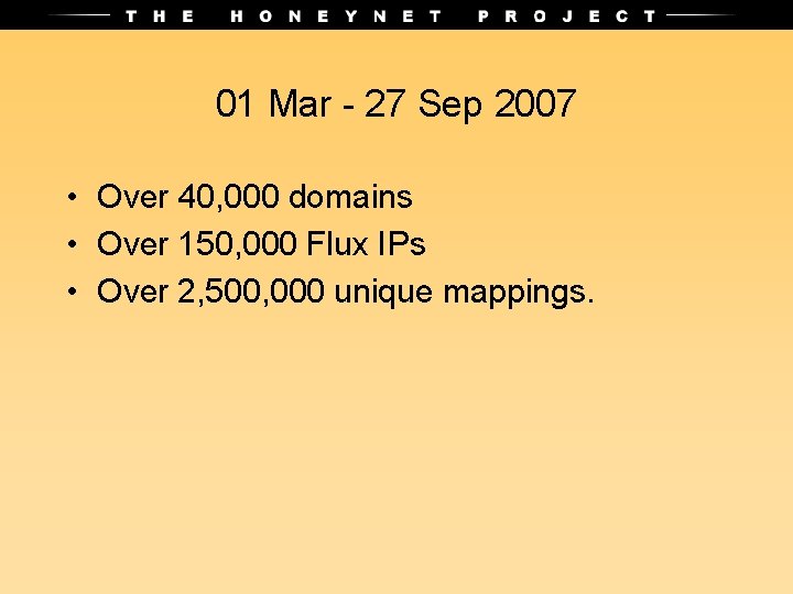 01 Mar - 27 Sep 2007 • Over 40, 000 domains • Over 150,