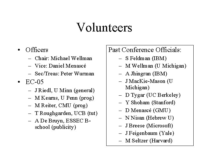 Volunteers • Officers – Chair: Michael Wellman – Vice: Daniel Menascé – Sec/Treas: Peter