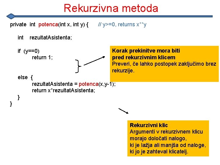Rekurzivna metoda private int potenca(int x, int y) { int // y>=0, returns x**y Rekurzivna metoda private int potenca(int x, int y) { int // y>=0, returns x**y