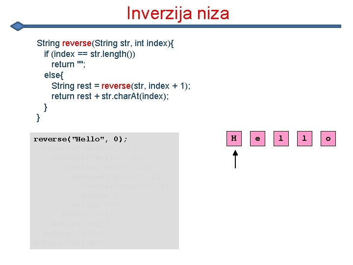 Inverzija niza String reverse(String str, int index){ if (index == str. length()) return ""; Inverzija niza String reverse(String str, int index){ if (index == str. length()) return "";