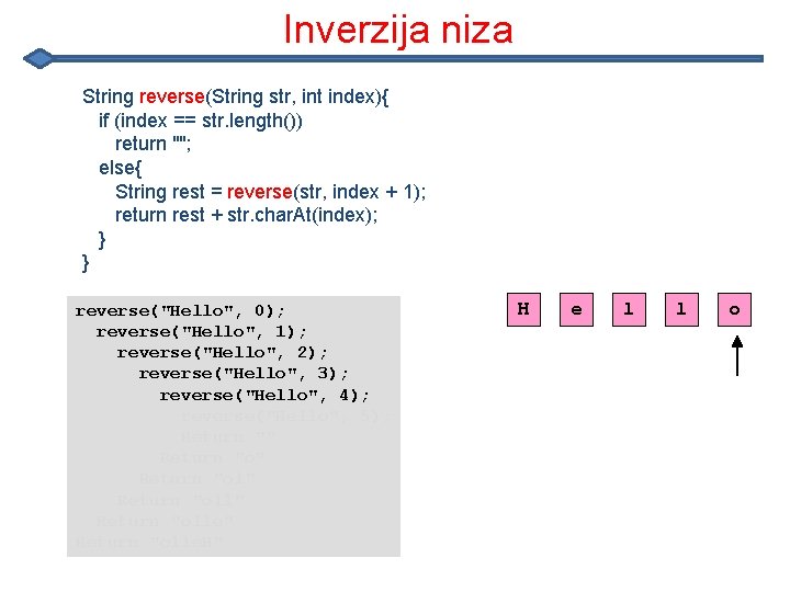 Inverzija niza String reverse(String str, int index){ if (index == str. length()) return ""; Inverzija niza String reverse(String str, int index){ if (index == str. length()) return "";