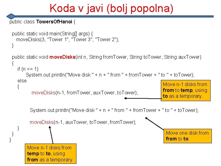 Koda v javi (bolj popolna) public class Towers. Of. Hanoi { public static void Koda v javi (bolj popolna) public class Towers. Of. Hanoi { public static void