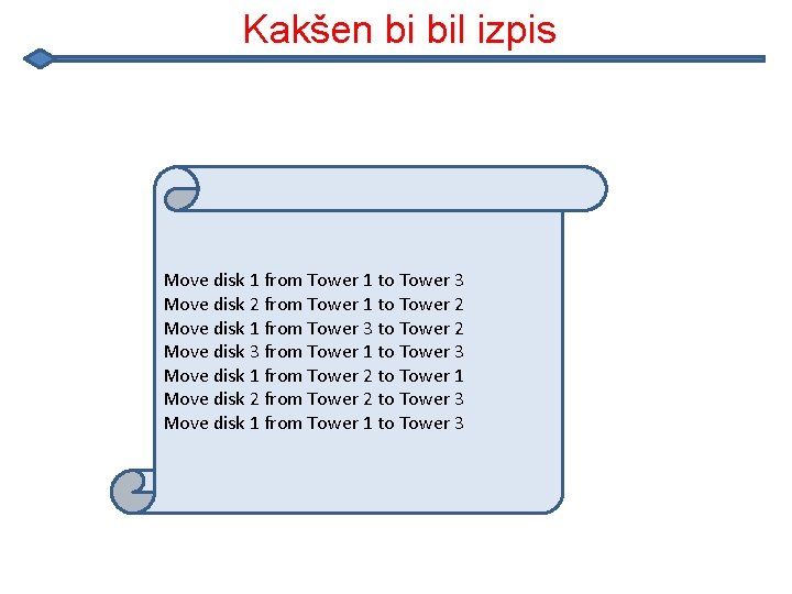 Kakšen bi bil izpis Move disk 1 from Tower 1 to Tower 3 Move Kakšen bi bil izpis Move disk 1 from Tower 1 to Tower 3 Move