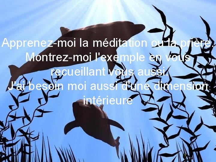 Apprenez-moi la méditation ou la prière. Montrez-moi l'exemple en vous recueillant vous aussi. J'ai