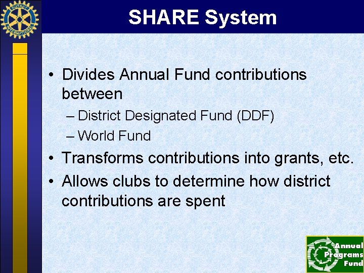 SHARE System • Divides Annual Fund contributions between – District Designated Fund (DDF) –