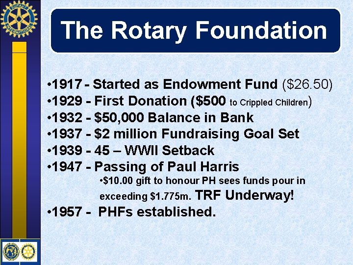 The Rotary Foundation • 1917 - Started as Endowment Fund ($26. 50) • 1929