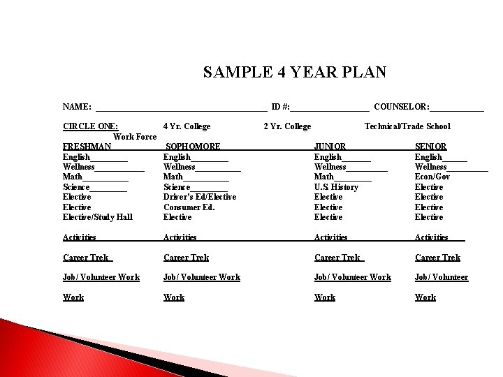 SAMPLE 4 YEAR PLAN NAME: _____________________ ID #: __________ COUNSELOR: _______ CIRCLE ONE: Work