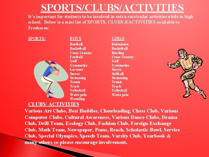SPORTS/CLUBS/ACTIVITIES It’s important for students to be involved in extra-curricular activities while in high