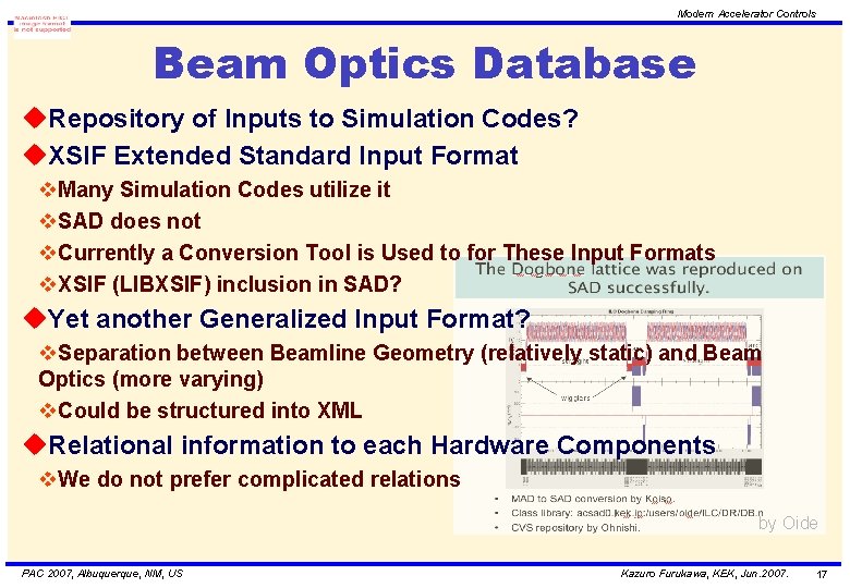 Modern Accelerator Controls Beam Optics Database u. Repository of Inputs to Simulation Codes? u.