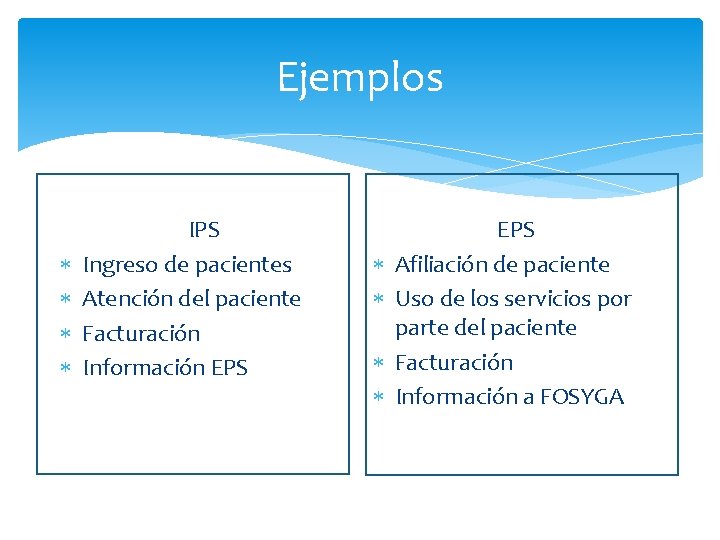 Ejemplos IPS Ingreso de pacientes Atención del paciente Facturación Información EPS Afiliación de paciente