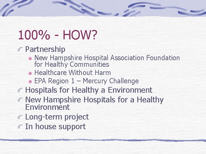 100% - HOW? Partnership New Hampshire Hospital Association Foundation for Healthy Communities Healthcare Without