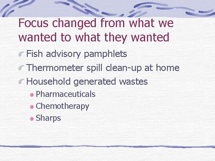 Focus changed from what we wanted to what they wanted Fish advisory pamphlets Thermometer