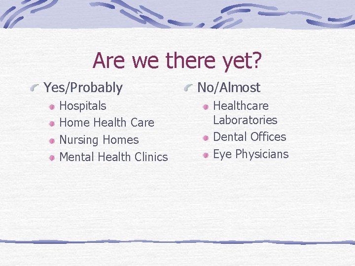 Are we there yet? Yes/Probably Hospitals Home Health Care Nursing Homes Mental Health Clinics