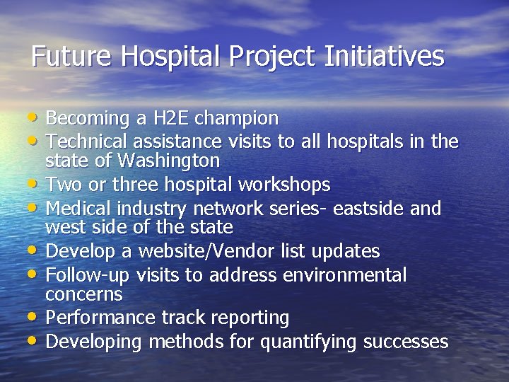 Future Hospital Project Initiatives • Becoming a H 2 E champion • Technical assistance