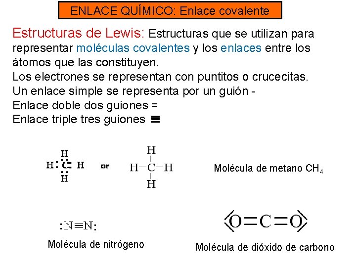 ENLACE QUÍMICO: Enlace covalente Estructuras de Lewis: Estructuras que se utilizan para representar moléculas