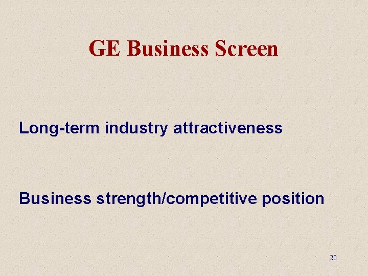 GE Business Screen Long-term industry attractiveness Business strength/competitive position 20 