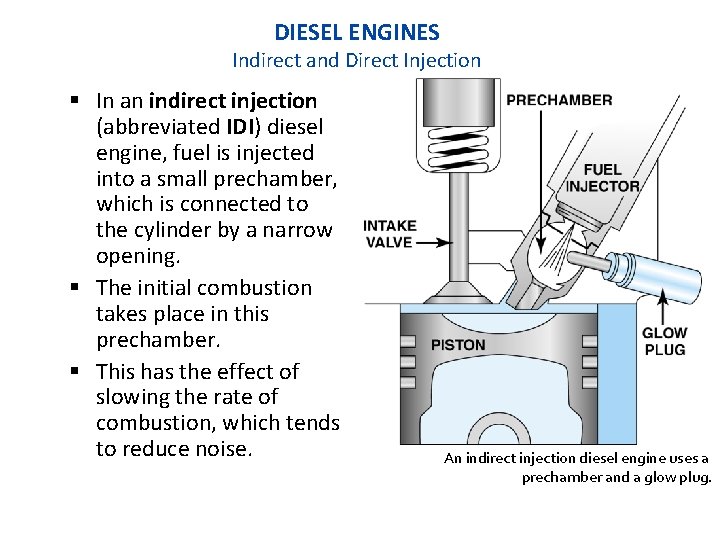 DIESEL ENGINES Indirect and Direct Injection In an indirect injection (abbreviated IDI) diesel engine,