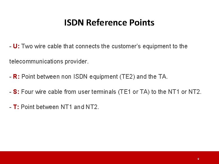 ISDN Reference Points - U: Two wire cable that connects the customer’s equipment to ISDN Reference Points - U: Two wire cable that connects the customer’s equipment to